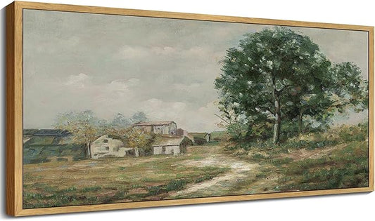 SHENIFY Vintage Framed Wall Art Rustic Country Road Landscape Painting Retro Countryside Scenery Farmhouse Kitchen Living Room Decor - 8x16in Natural Framed
