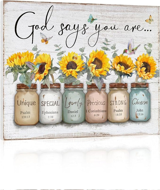 Inspirational Bible Verse Wall Art: God Says You Are Wall Sayings Sunflower in Mason Jar Picture Print Christian Gift Quotes Poster for Women Girl Bedroom Decor 12" x 15"