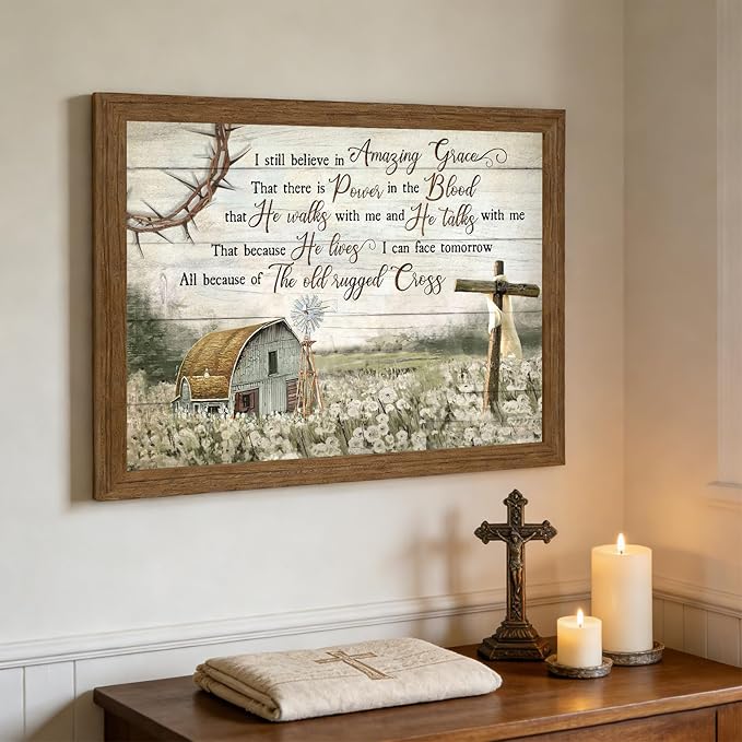 HDXUFJQ Brown Wooden Frame Christian Wall Art Barn Windmill Canvas Wall Decor Religious Cross Wall Art I Still Believe In Amazing Grace Picture Print Christian Prayer Decor Paintings(12"x16")
