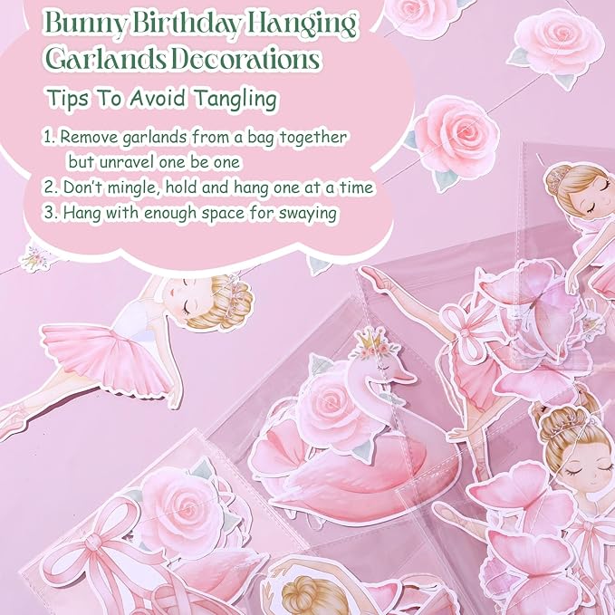 8 Pcs Ballerina Party Decorations Ballet Dancer Birthday Hanging Garlands Banner Pink Swan Rose Butterfly Paper Cutouts for Girls Wall Ceiling Decor Ballet Birthday Party Supplies