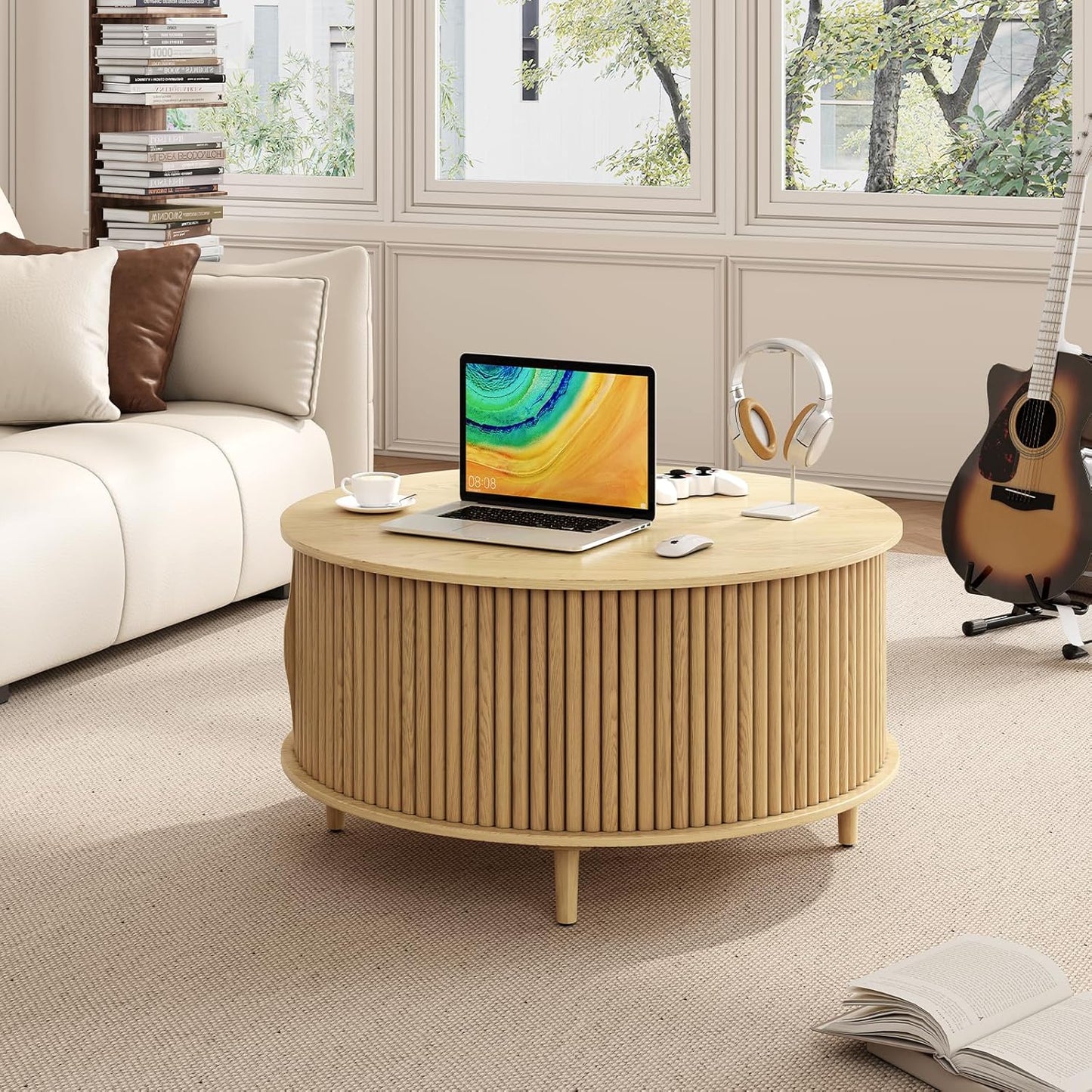 Round Coffee Table with Storage,Mid Century Modern Dining Table with Sliding Cabinet Door for Living Room,Home Small Space,31.5" Small Center Table,Oak