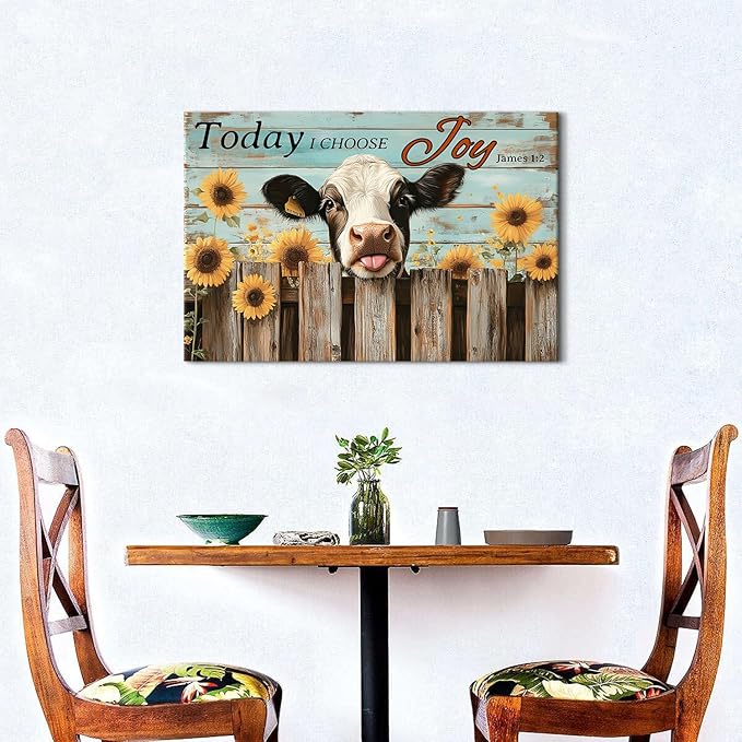 Funny Cow Wall Art Teal Wall Decor Sunflower Kitchen Pictures Christian Bible Signs Canvas Prints Poster Vintage Farmhouse Inspirational Quotes Painting Artwork for Living Room Home Decorations 16x24"
