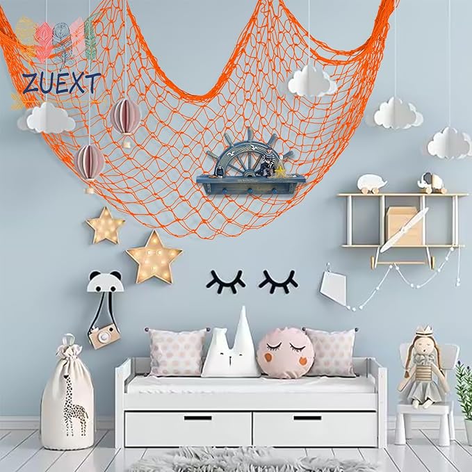 ZUEXT Decorative Fishing Net 80x40 Inch, 2 Pack Large Orange Picture Fish Net, Wall Photo Hanging Fishnet for Nautical Mermaid Pirate Ocean Themed Hawaii Beach Under The Sea Party Decorations