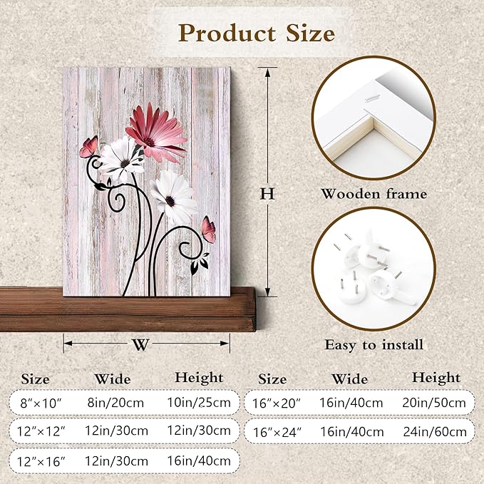 HVEST Pink Floral Canvas Wall Art Farmhouse Flower Daisy Butterfly Pictures Wall Decor Rustic Country Plant Wall Art for Bathroom Living Room Bedroom Kitchen Decor Ready to Hang, 20Lx16W Inches