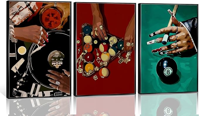 JWDXNOOK 3pcs Fashion Feminine Wall Art Funky Retro Music Wall Decor Fashion Hands Print DJ and Black billiard 8Theme Triptych Paintings Poster for Game Room Bar Living Room Bedroom Decor Unframed