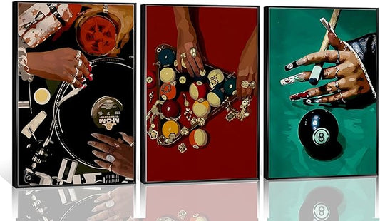 JWDXNOOK 3pcs Fashion Feminine Wall Art Funky Retro Music Wall Decor Fashion Hands Print DJ and Black billiard 8Theme Triptych Paintings Poster for Game Room Bar Living Room Bedroom Decor Unframed