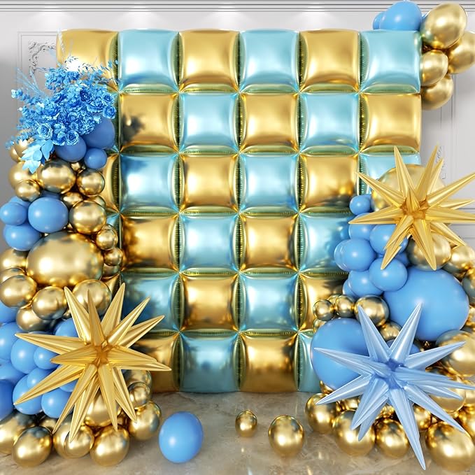 36pcs Blue and Gold Square Foil Balloons Wall Backdrop with 147pcs Balloon Garland Arch Kit, Double Sided Balloons for Graduation Birthday Anniversary Wedding Baby Shower Prom Party Decorations