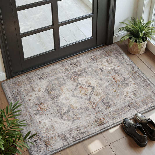 AMOAMI-2X3 Small Rug-Washable Rugs Entryway Mat Indoor-Soft Vintage Non Slip Rugs for Kitchen Laundry Room Bathroom Grey Decorative Accent Rug for in Front of Sink 24 Inch x36 Inch