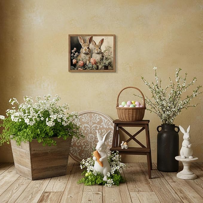 Framed Easter Bunny Wall Art, Two Adorable Rabbits with Flower Basket Picture Prints, Rustic Farmhouse Canvas Artwork, Vintage Holiday Wall Decor for Kids Room Girls Bedroom Living Room 12x16in