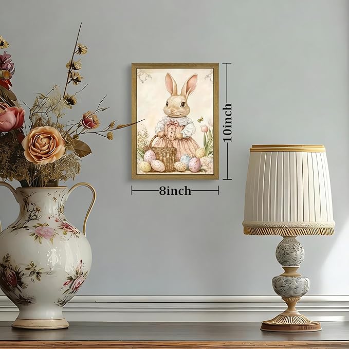 Framed Easter Bunny Wall Art, Vintage Holiday Decor Oil Painting, Rustic Farmhouse Spring Animal Wall Decor, Cute Rabbit Easter Eggs Canvas Print Paintings for Living Room Bedroom Nursery 8x10 Inch