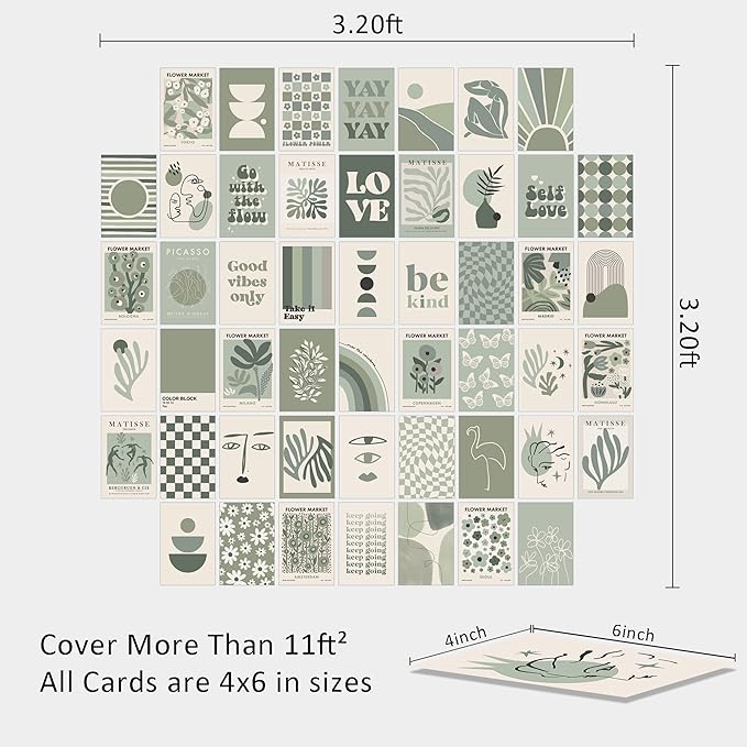 Sage Green Room Decor, Matisse Wall Collage Kit Posters for Aesthetic Room, Prints, Dorm Decor for Teen Girl (50pcs 4x6 inch)