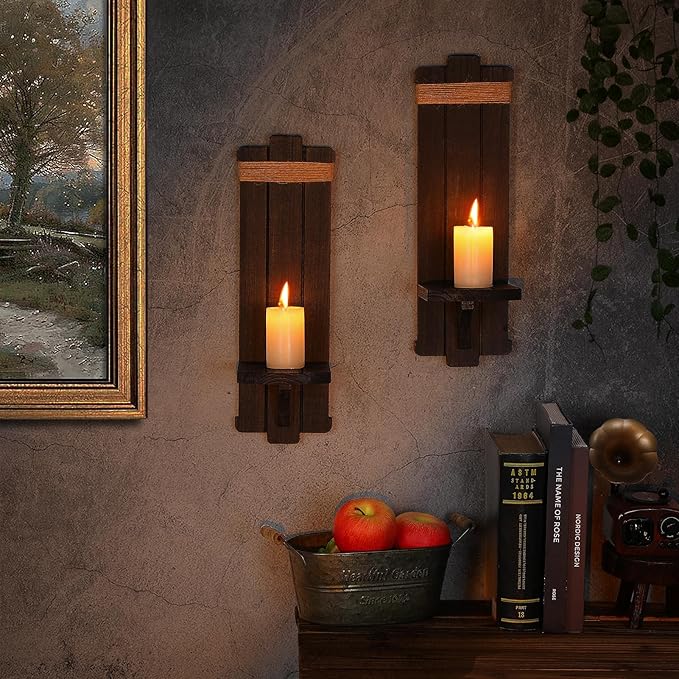 Farmhouse Wall Decor Candle Sconces - 2 Pcs Rustic Gothic Handmade Wooden Wall-Mount Candle Holders for Bedroom Living Room Bathroom Home Hanging Art Decorations Accessories Gifts, Black