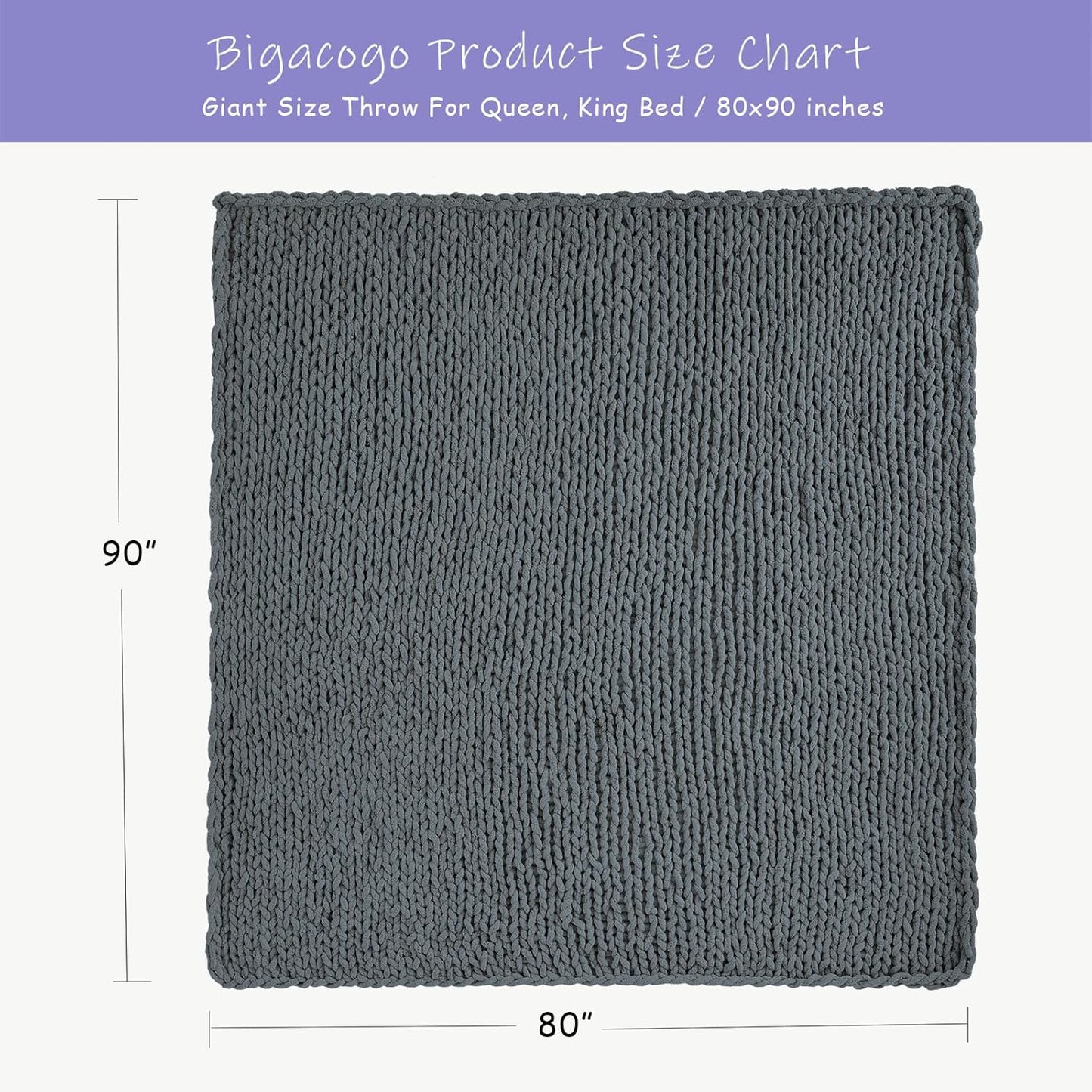 Bigacogo Chunky Knit Throw Blanket for Couch, 80x90 inches, 100% Hand Knitted with Thick Jumbo Chenille Yarn, Cozy Soft Large Rope Knot Cable Crochet Blankets for Sofa Bed Living Room, Iron Gray