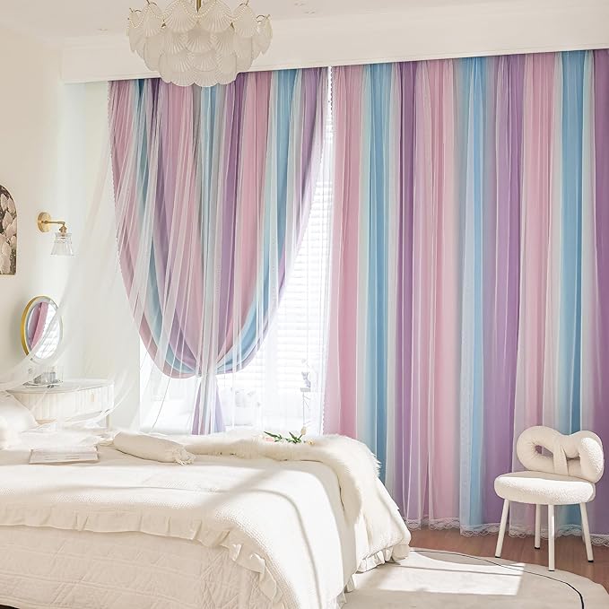 XiDi Double Layer Curtains with Sheer Overlay for Girls Bedroom Living Room 2 Panels 96 Inches Long Colorful Rainbow Blackout Curtains for Kids Unicorn Princess Grommet Drapes Pink Purple W52 x L96