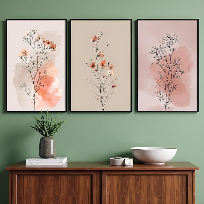 okudolit Boho Vintage Flower Wall Art Set of 3 Minimalist Floral Botanical Prints Rustic Wildflower Wall Decor Beige and Pink Neutral Plant Painting for Living Room Bedroom Office-16x24in