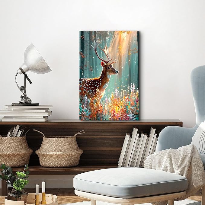 Fall Flower Wall Art Deer Wall Decor Autumn Forest Landscape Painting Wildlife Animal Canvas Prints Watercolor Wildflower Pictures Gold Woodland Artwork for Kitchen Living Room Home Decorations 16x24"