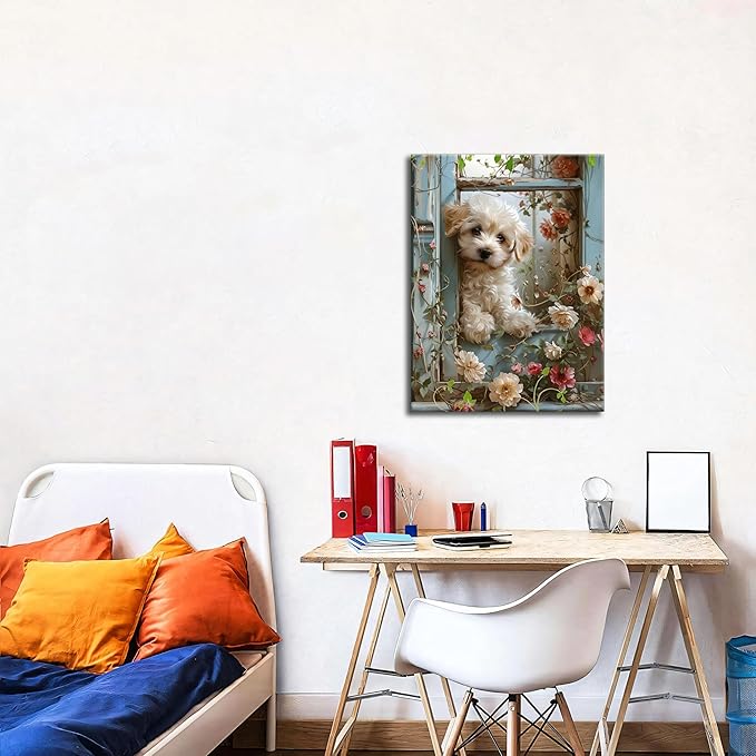 Framed Poodle Canvas Wall Art, Funny Teddy Dog Poster Print, Abstract Dog Standing Among Flowers Painting Wall Decor for Dormitory Restroom Bedroom Kids Room Decor 16x24 inch