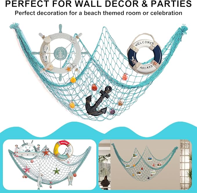 2 PCS Fish Net Decorations with Shells 80 x 40 Inch Ocean Themed Party Decor Beach Nautical Wall Hanging Fishing Net for Coastal Bedroom Bathroom or Under The Sea Party Decorations (Aqua-with Shells)