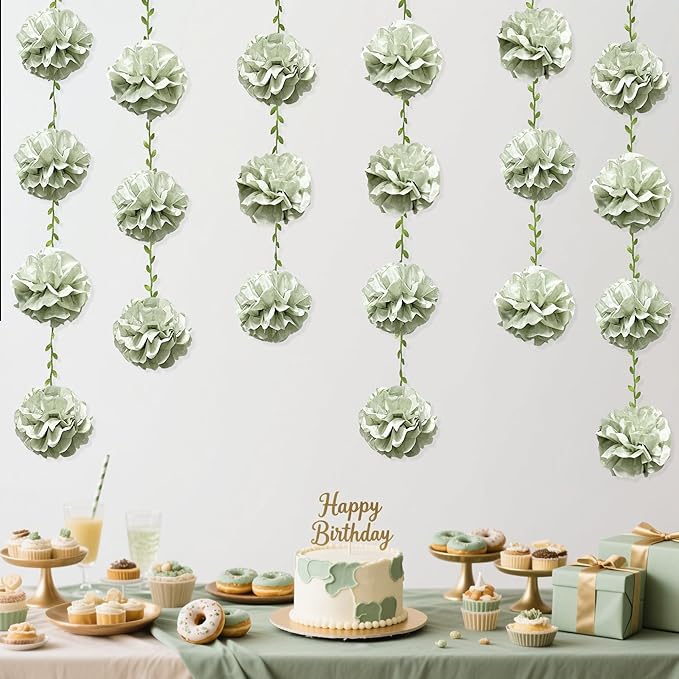 Sage Green Tissue Paper Flowers Pom Pom with Leaf Ribbon Dusty Green Hanging Garland Streamer for Birthday Baby Shower Wedding Engagement Woodland Safari Jungle Neutral Party Decorations Supplies