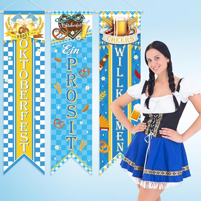 3 Pieces Oktoberfest Party Decorations Bavarian Banners Oktoberfest Prosit Welcome Porch Signs Festival Hanging Backdrops for Home Bar German Party Indoor Outdoor Wall Door Decor