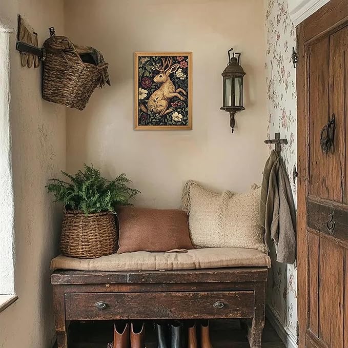 Framed Vintage Jackalope Wall Art, William Morris Dark Botanical Cottagecore Decor, Mythical Folklore Nature Illustration, Hand Drawn Sandstone Art for Living Room Bedroom 12x16 inch