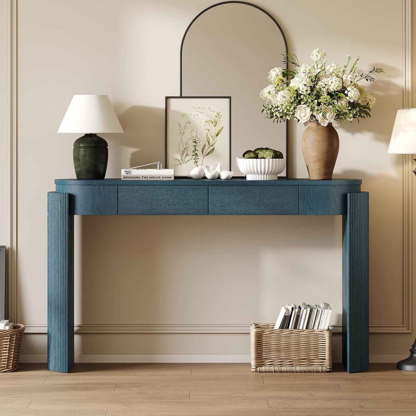 55" Sofa Table with Oval Top and 2 Drawers, Entryway Console Table with Fluted Design for Hallway,Foyer,Entry and Living Room (Fully Assembled-Navy)