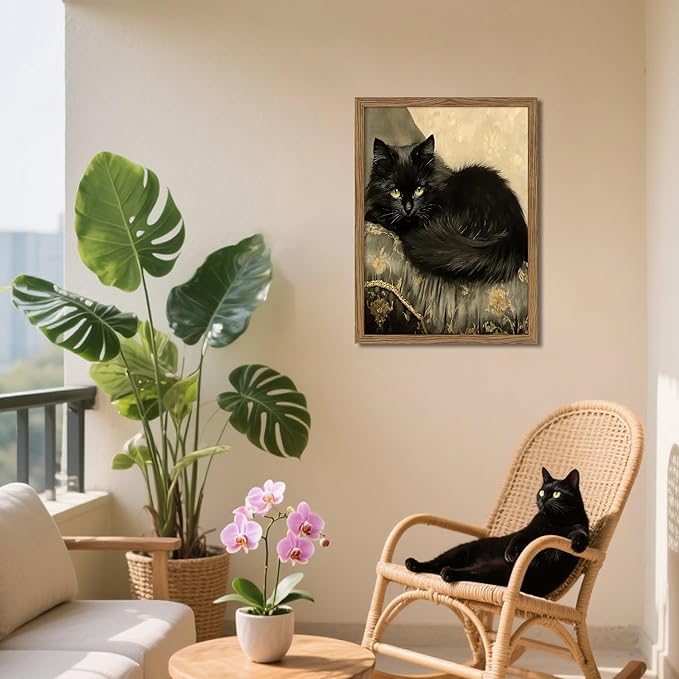 Black Cat Wall Art Framed, Vintage Cat Painting Print, Classical Animal Canvas Wall Decor, Rustic Cottagecore Aesthetic Pictures for Living Room Bedroom Home – 8x10 inch
