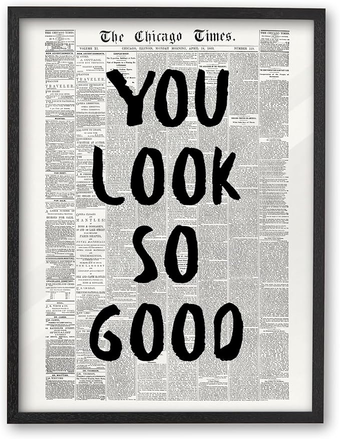 iHery Premium Natural Black OAK Wood 16x20in You Look So Good Trendy Inspirational Framed Wall Art, Vintage Girl Newspaper Motivational Canvas Wall Decor For Dorm Bedroom Living Room Posters 1Pack