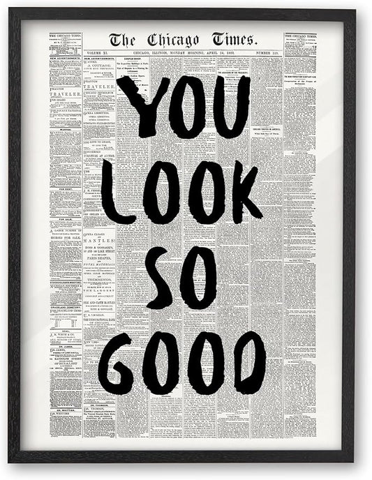 iHery Small Premium Natural Black OAK Wood 8x10in You Look So Good Trendy Inspirational Framed Wall Art, Vintage Girl Newspaper Canvas Motivational Wall Decor For Dorm Bedroom Living Room 1Pack