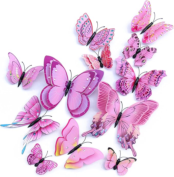 Butterfly Wall Decor 72 PCS, 3D Butterflies Stickers for Party Decorations with Magnets(Pink, 72)