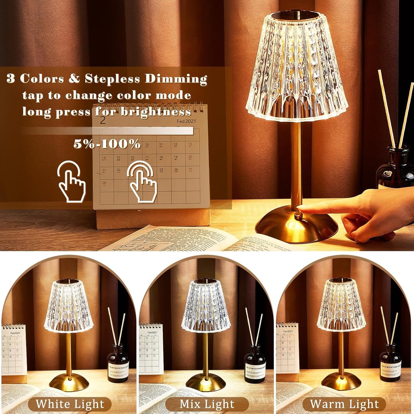 Liliful 6 Pcs LED Portable Cordless Table Lamp Touch Battery Operated Rechargeable Desk Lamp 3 Color Dimmable for Bedroom Living Room Dining (Classic Style,Gold)