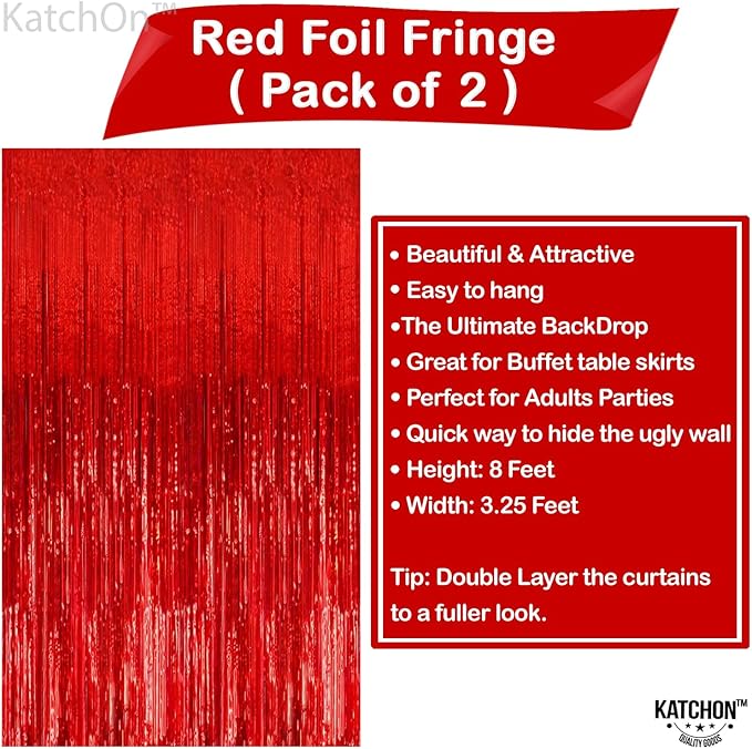 KatchOn, XtraLarge Red Streamers Backdrop - 3.2x8 Feet, Pack of 2 | Red Fringe Backdrop for Graduation Decorations 2026 | Foil Fringe for Birthday, Carnival, Casino Theme Party Decoration
