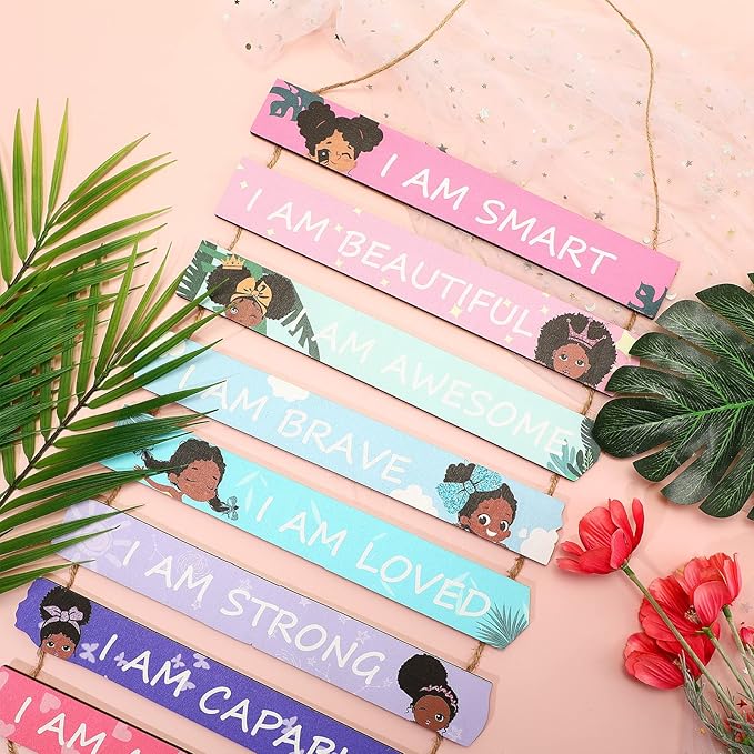 Set of 9 Black Girl Wall Art Decor Wood Motivational Girl Room Wall Art Rainbow Color Positive Inspirational Hanging Sign for Baby Kids Teen Present Bedroom Nursery Decoration