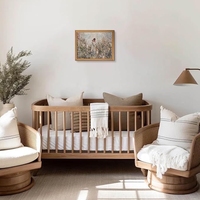 3D Textured Vintage Cottagecore Wall Art, Mom Holding Baby In Wildflowers Wall Decor Painting, Impressionist Sandstone Artwork Picture for Mother’s Day Gift Nursery Bedroom 12x16 Inch Framed