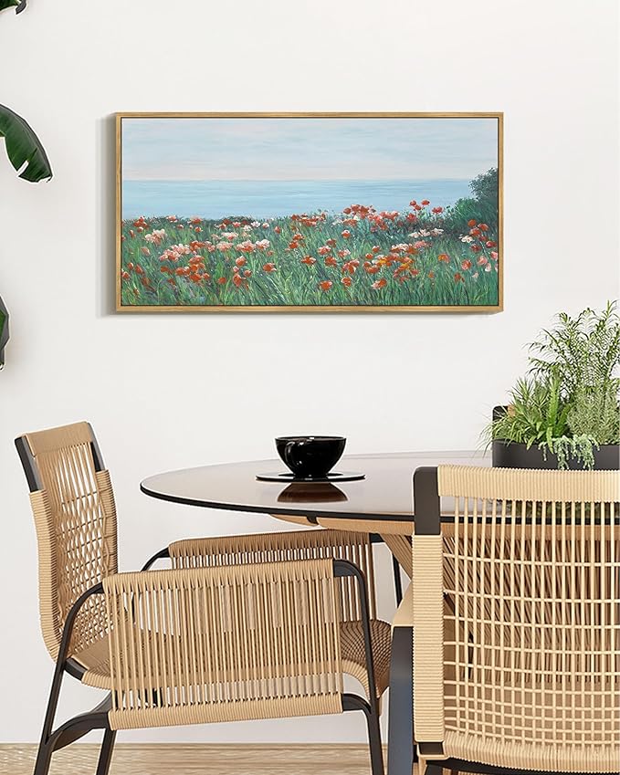 SHENIFY Vintage Framed Wall Art Coastal Wildflower Field Poppy Flower Landscape Scenery Home Decor Retro Decorations for Farmhouse Bedroom Ready to Hang Wall Artwork - 8x16in Natural Framed