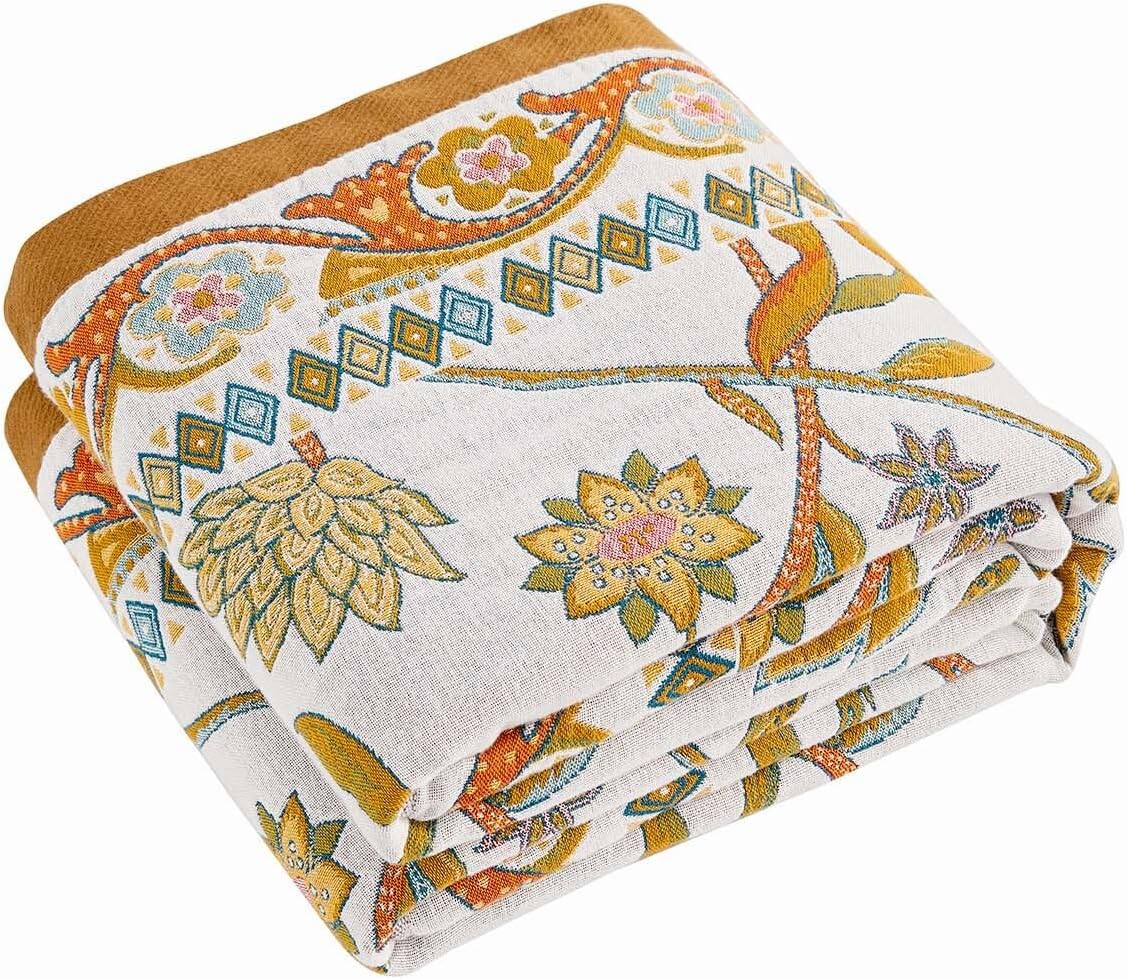 Fall Throw Blanket for Couch, Brown Boho Decorative Throw Blanket, 100% Cotton Muslin Breathable Woven Farmhouse Blankets Quilt, 80"x90" Reversible Lightweight Blankets Bohemian Throw Quilt