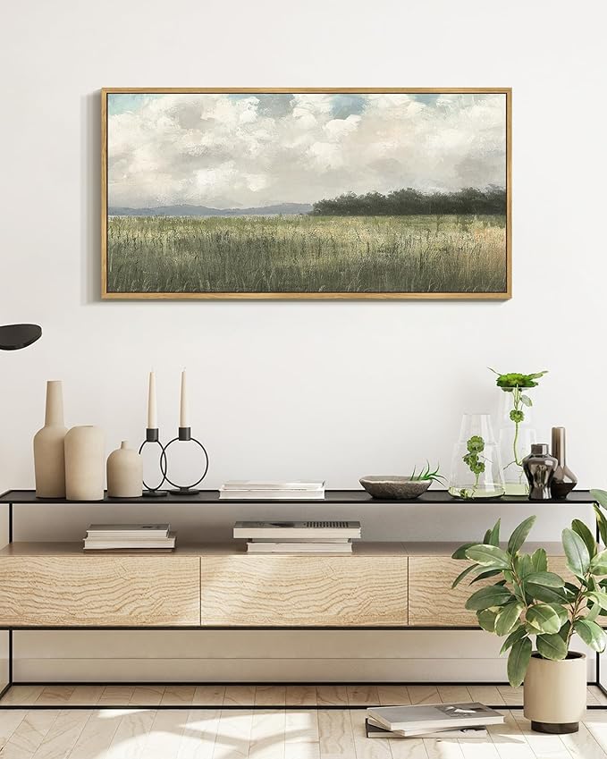 SHENIFY Vintage Landscape Framed Wall Art Country Meadow Scenery Farmhouse Decor Retro Painting for Bedroom Living Room Ready to Hang Wall Artwork - 20x40in Natural Framed