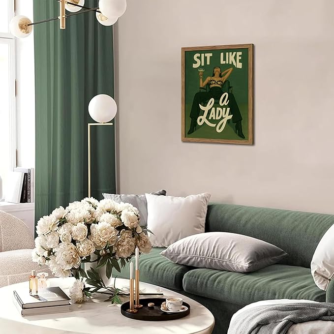 Framed Feminist Wall Art, Vintage Sit Like a Lady Green Wall Decor, Bold Girl Power Feminine Poster Print, Retro Empowering Female Canvas Painting Aesthetic for Bedroom Dorm 12x16 inch
