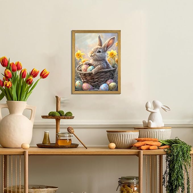 Easter Bunny Wall Art, Cute Rabbit Canvas Wall Decor Painting, Easter Eggs Poster Print Picture, Spring Farmhouse Animal Oil Painting for Living Room Bedroom Kitchen Holiday Home Decor 16x24 Inch Wood Framed