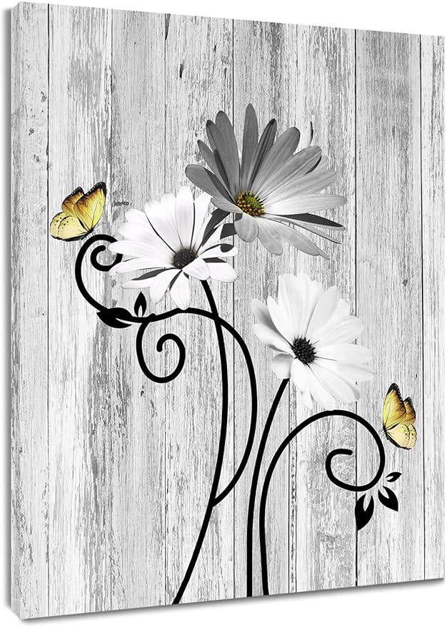 HVEST Rustic Farmhouse Floral Wall Art for Living Room Gray Floral and Yellow Butterfly on Country Wooden Bathroom Wall Decor, Gray White Framed Wall Art for Bedroom Kitchen Home, 20L x 16W Inches