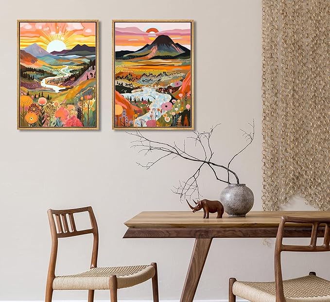 2Pcs Framed Boho Colorful Mountain Canvas Wall Art Abstract Sunrise and sunset Landscape Flower Wall Decor Watercolor Nature Forest Poster Print Artwork for Living Room Bedroom Office Home Decoration