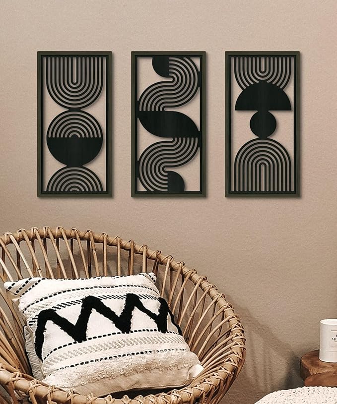 Putuo Decor Modern Minimalist Wall Art Set of 3, Black and Gray MDF Cut-Out Geometric Line Panels, Abstract Vertical Art for Living Room Bedroom Office Wall Decor
