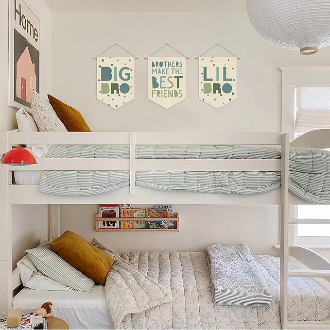 Boy Nursery Decor Canvas Banner,Brothers Make The Best Friends Bedroom Playroom Wall Art Decorations,Boho Twin Room Sign,Big Bro Lil Bro, Sage Green Blue Kids Room Wall Hanging Pennant Banner