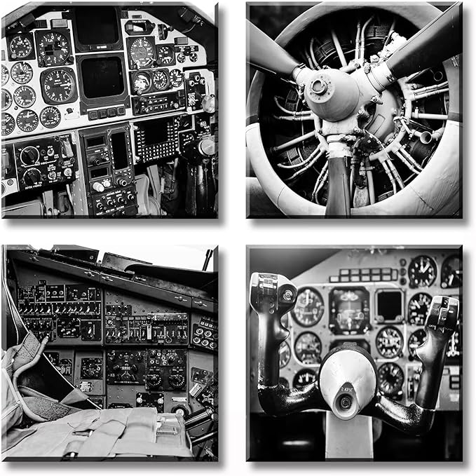 DJSYLIFE Vintage Airplane Wall Art - 4-Panel Black and White Canvas Print Poster, Propeller Plane Close-Up Decor for Office, Bedroom, Man Cave, Modern Home Decor, Ready to Hang 12"x12"x4