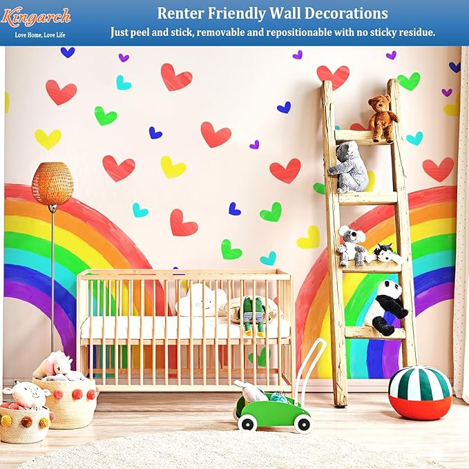 Large Watercolor Rainbow Wall Decals, Hearts Peel and Stick Fabric Nursery Wall Decor, Removable Home Room Wall Decor Murals Stickers for Kids Girls Toddler Bedroom Living Room Playroom