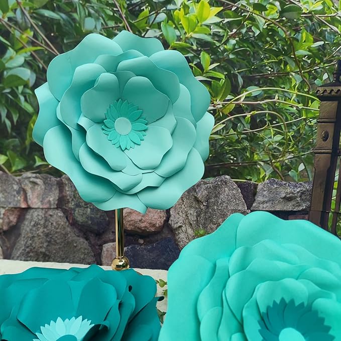 Turquoise Teal Paper Flower with Gold Leaf for Wall Living Room Bed Room Wall Decoration Wedding Birthday Bridal Baby Shower Party Floral Decor Pack of 6