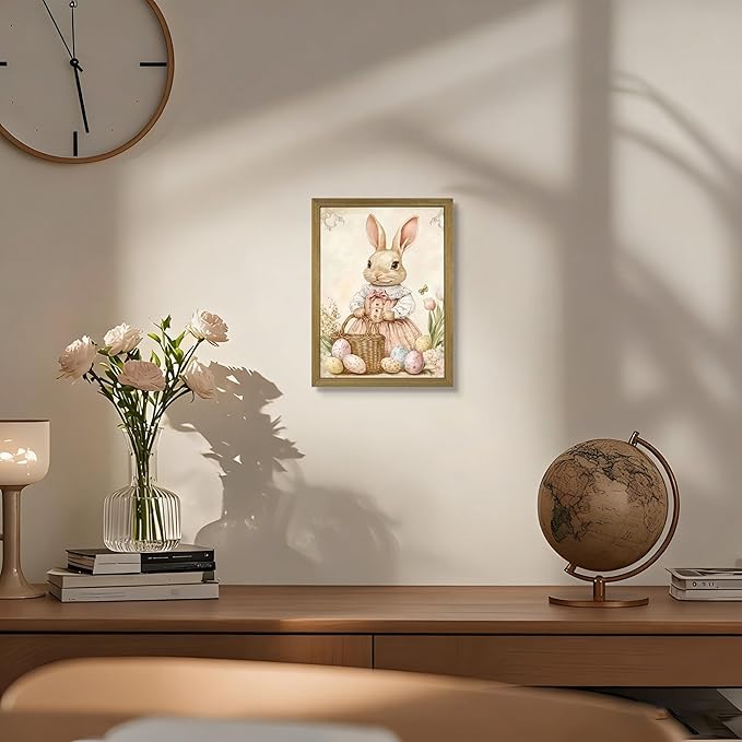Framed Easter Bunny Wall Art, Vintage Holiday Decor Oil Painting, Rustic Farmhouse Spring Animal Wall Decor, Cute Rabbit Easter Eggs Canvas Print Paintings for Living Room Bedroom Nursery 8x10 Inch