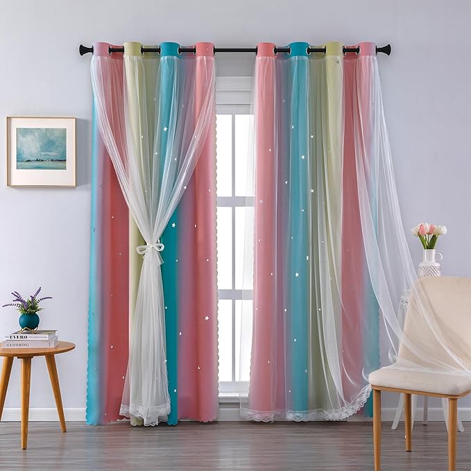 XiDi 90 Inches Curtains for Girls Bedroom 2 Panels Set, Blackout Rainbow Curtains for Kids Room Decor, Unicorn Wall Decals Drapes for Little Girl Nursery Room Pink Blue Yellow 34 Inches Wide