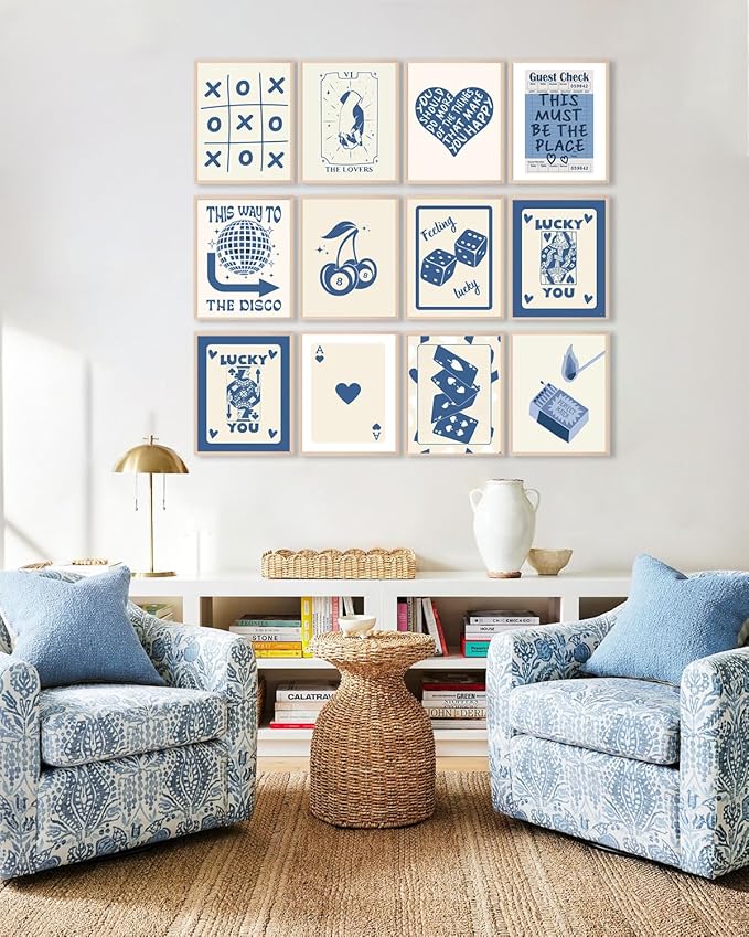 KBKBART 12pcs Blue Lucky Poster - Playing Card Wall Art, Poker Room Decor, Blue Trendy Wall Art, Funky Posters Aesthetic Pictures, Retro Ace Prints Queen of Hearts Decor for Bedroom (UNFRAMED)