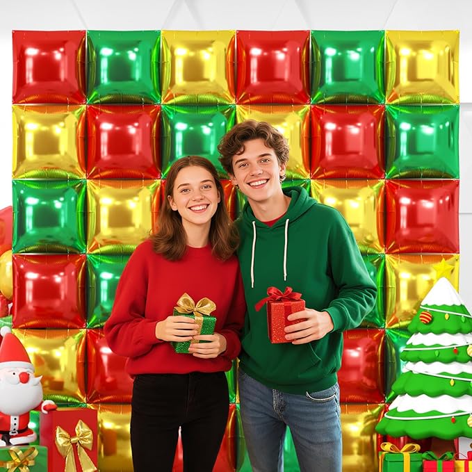 NISOCY 36PCS Red Green Gold Square Foil Balloons Wall Backdrop Double Sided Red Green Gold Balloons Arch Kit for Birthday Christmas New Year’s Graduation Anniversary Wedding Party Decorations